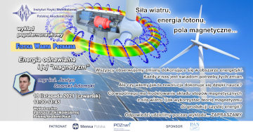 Plakat wykładu z cyklu Fizyka Warta Poznania pt. Energia odnawialna i jej magnetyzm